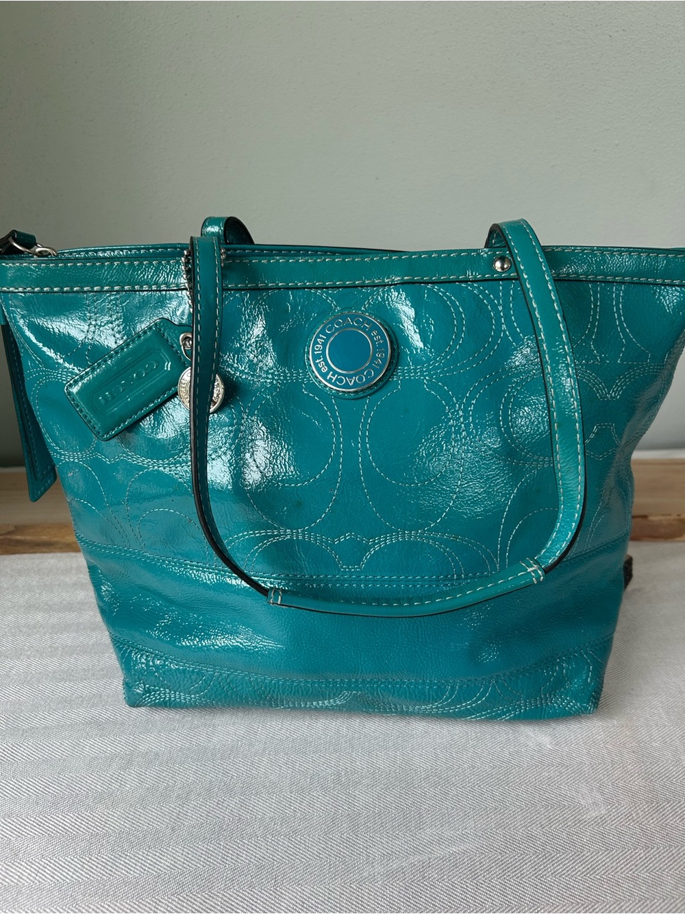 Coach Teal Patent Leather Tote with Signature Stitching